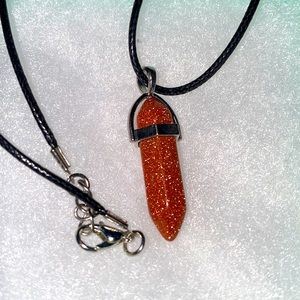 Boho Goldstone Crystal Black Cord Necklace 16-18”